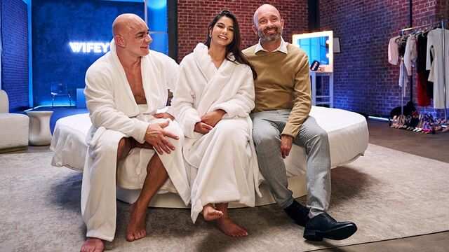 The husband watches his young wife with a delicious ass giving a blowjob to anot...